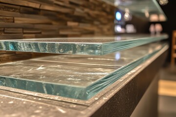 Close up of clear glass shelves with a wood textured wall behind. It shows minimalism and modern design for interior decoration projects.