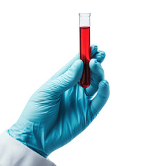 Gloved hand holding blood sample test tube medical science lab research, isolated on a transparent background