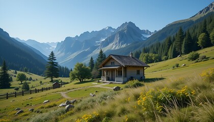 Obraz premium Idyllic log cabin nestled amid a verdant valley with majestic mountains in the background.