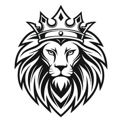 lion head vector silhouette, face logo icon wearing a crown