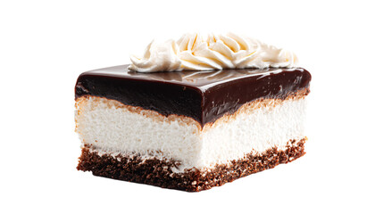 a piece of cake with a chocolate frosting on top