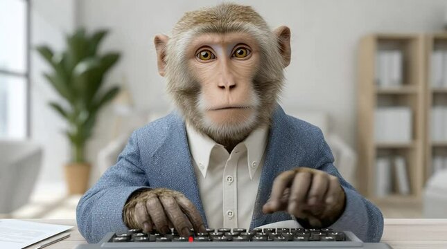 A monkey in a business suit sitting in his office and typing on his keyboard