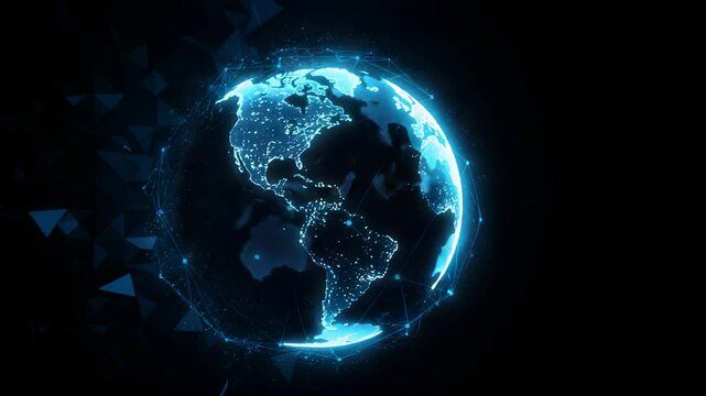 Blue Glowing Earth Globe on Black Background with Digital Elements