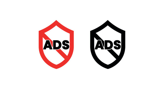 Red No Ads Shield Vector Icons – Red and Black Ad Blocker Symbols for Privacy, Security, and Internet Safety Design