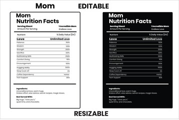 Mom nutrition facts, nutrition facts, nutrition, nutrition label, calories in food, nutrition info, supplement facts, vector template