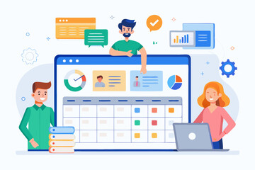 Team Collaboration and Project Management Illustration Three Individuals Working Together Around a Large Calendar Interface with Charts Data and Planning Elements for Effective Workflow team