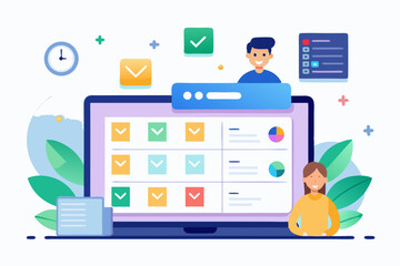 Digital Task Management Illustration A laptop displays a task list with checkmarks surrounded by stylized elements including two people suggesting teamwork and efficient project completion