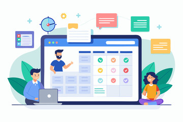 Online Learning and Collaboration Illustration Featuring Students Instructor and Digital Tools for Scheduling Communication and Task Management in a Modern Flat Design Style for Educational