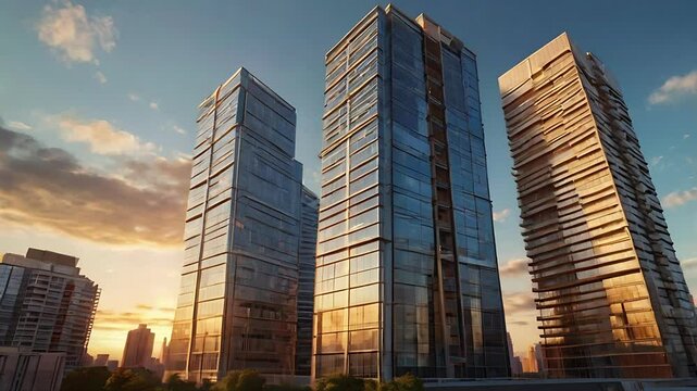 Modern glass skyscrapers reflecting sunset light in a futuristic cityscape skyline
