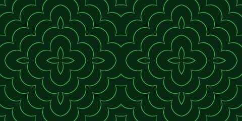 A repeating geometric pattern features green lines forming symmetrical designs against a dark background. The motifs create a sense of rhythm and harmony, evoking a stylized floral element.