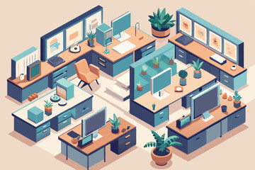 Isometric Office Space with Desks Computers and Plants A Clean and Modern Workplace Design Concept Featuring an Open Layout and a Harmonious Blend of Blue