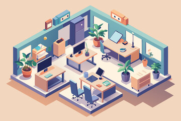 Isometric Office Space with Desks Plants and Computers A Clean and Modern Workspace Design Showcasing Collaboration and Productivity in a Stylish and Organized Environment for
