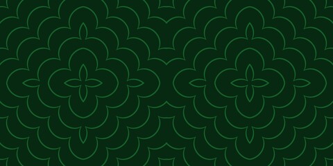 A symmetrical pattern featuring floral shapes set against a dark green background creates a sense of harmony and repetition. Delicate lines form intricate petals that interlock seamlessly.