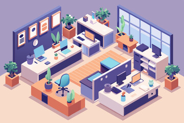 Isometric Office Space with Desks Computers and Plants A Modern Workspace Design Depicting Productivity Collaboration and a Touch of Nature in a Clean and Organized
