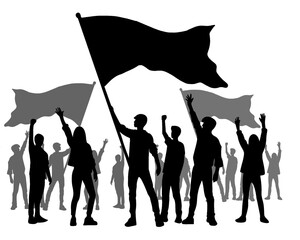 Silhouette of young people waving flag, young people demonstration and acceleration, isolated icon on background
