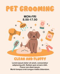 Pet grooming banner. Cute puppy in foam. Flat vector illustration.