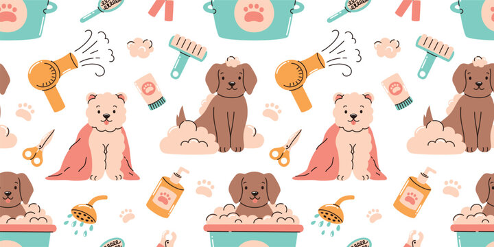 Seamless pattern with pet grooming elements. Dog in the bath, scissors, razor, hairbrush, hair dryer, soap for animals. Flat vector illustration.