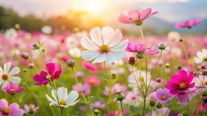 A lush and vibrant cosmos flower field in full bloom with delicate white and pink petals swaying gently in the breeze