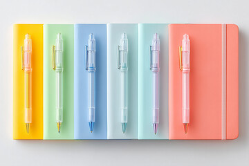 Flat Lay of Five Colorful Pastel Notebooks and Pens