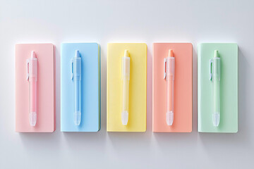 Flat Lay of Five Colorful Pastel Notebooks and Pens