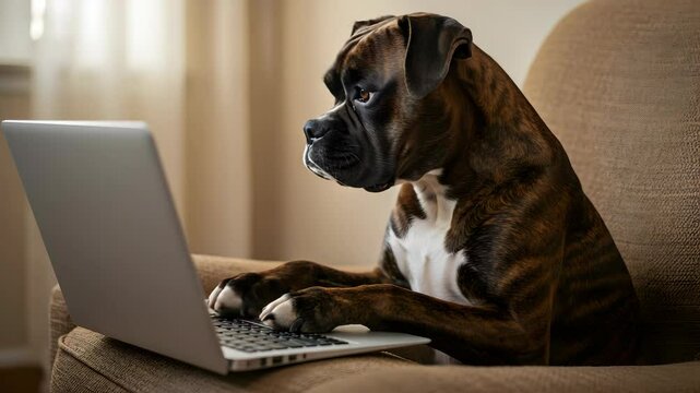 Brindle Boxer Dog Typing on Silver Laptop in Beige Armchair with Natural Lighting Indoors