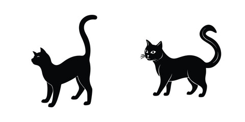 Cat Stretching Limbs Flat Silhouette on White Background