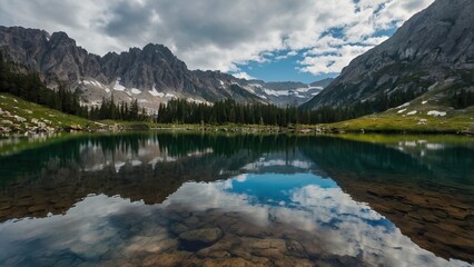 A scenic view of a mountain lake reflecting the sky and the mountains with trees and grass around it