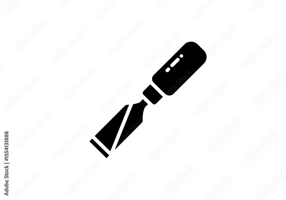 Poster a black and white graphic of a chisel tool with a handle and blade on a white background space