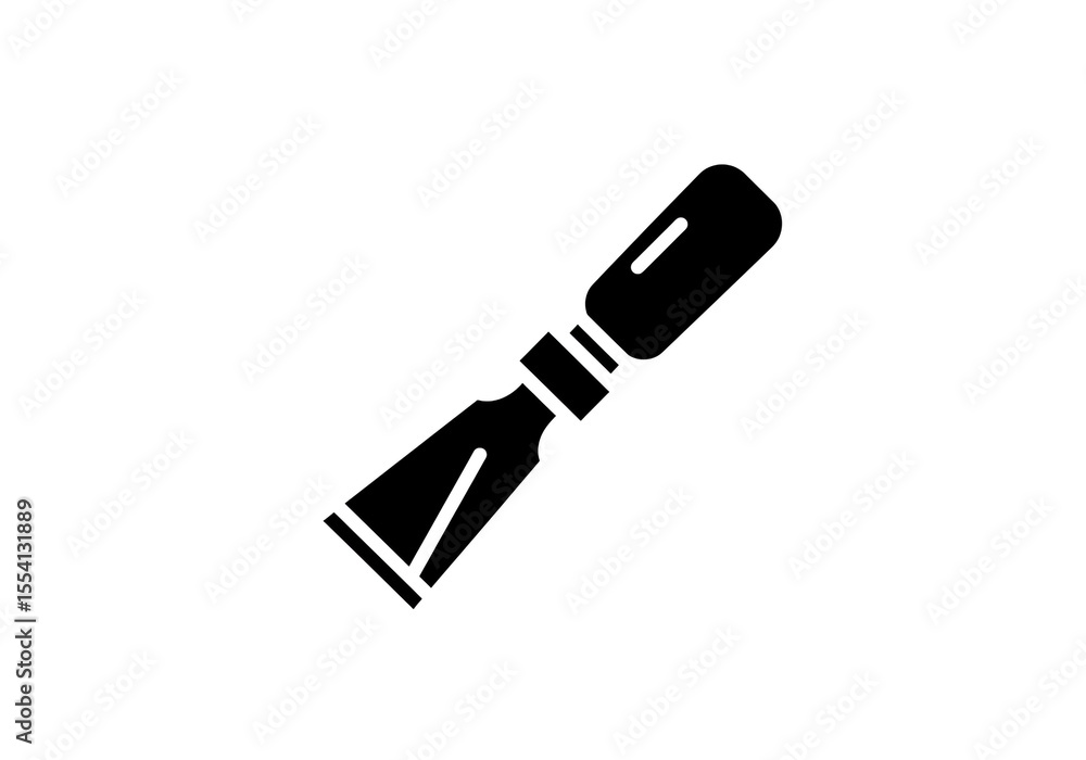 Poster a simple black and white graphic illustration of a chisel tool with a white background isolated