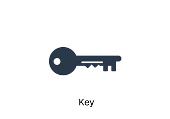 A simple dark blue key with a circular head and jagged teeth laying flat on a white background plain