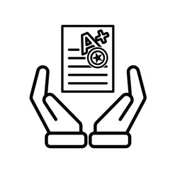 education icon. Live Grade and Report Card. A plus grade sheet with a stamp icon in hand. smart, learning, clever. Outline design style