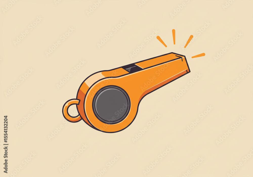 Poster an orange whistle with a gray center and a small metal loop on a tan background with light effects