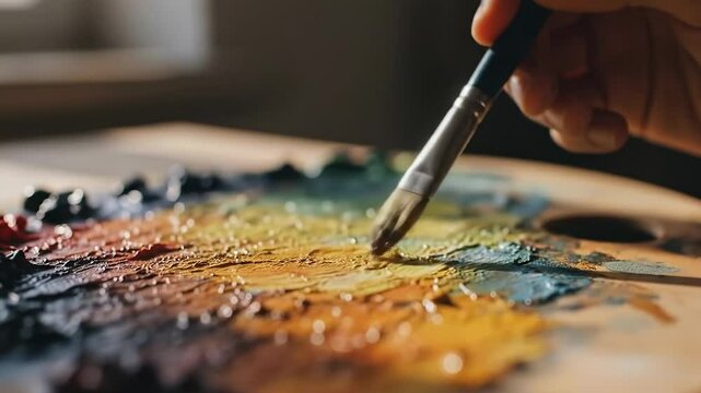 Artist painting with brush on palette filled with vibrant colors  