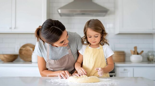 A mom and her child are baking in the kitchen at home