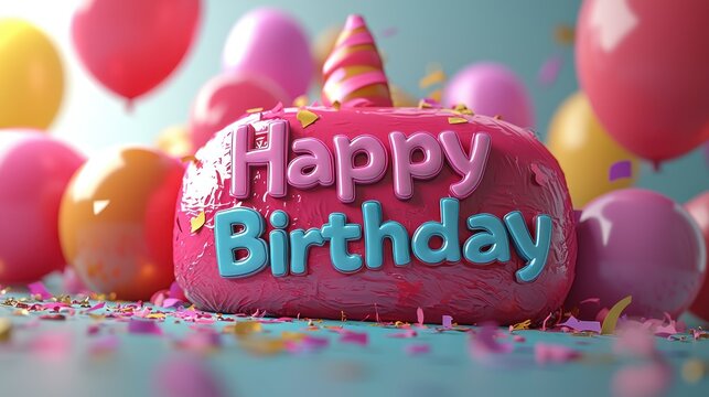 A vibrant, 3D birthday cake with happy birthday text, surrounded by colorful balloons and confetti.  Pink, and light-blue text, against a pastel backdrop