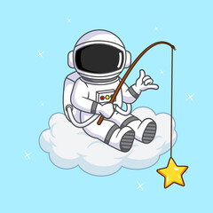 Cute Astronaut fishing for a Star in the Sky Vector Illustration Cartoon Design