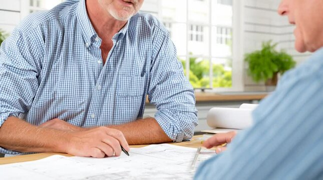 An architecture discusses blueprints and architectural home design with a client in his firm's office