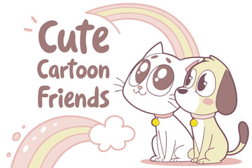 Cute cartoon cat and dog friends in kawaii style