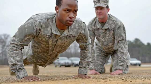 A military enlisted recruit does pushups while a drill sergeant yells at him during basic combat training