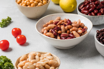 Different types of canned beans in bowls for healthy eating concepts. Plant protein 