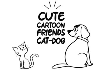 Cute cartoon cat and dog friends in minimal geometric style