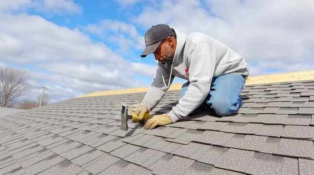 A roofer installs shingles on a residential home