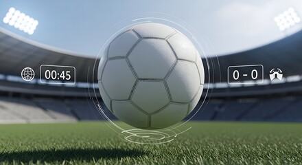 Soccer ball on field with stadium background.