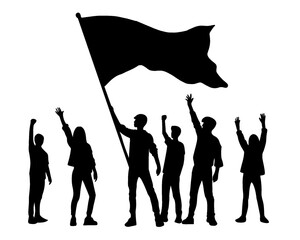 Silhouette of young people waving flag, young people demonstration and acceleration, isolated icon on background
