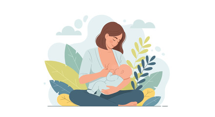 Adobe illustrator artwork vector illustration of breastfeeding for the baby. A loving mother holds and feeds her newborn. A concept of maternity, bonding, natural nutrition, and infant care.