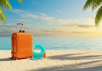 Bright orange suitcase and blue float on the sandy beach at sunset