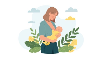 Adobe illustrator artwork vector illustration of breastfeeding for the baby. A loving mother holds and feeds her newborn. A concept of maternity, bonding, natural nutrition, and infant care.