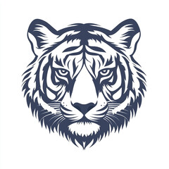 Obraz premium A bold, graphic illustration of a tiger's head, featuring striking orange and black stripes with white accents, against a plain white background.