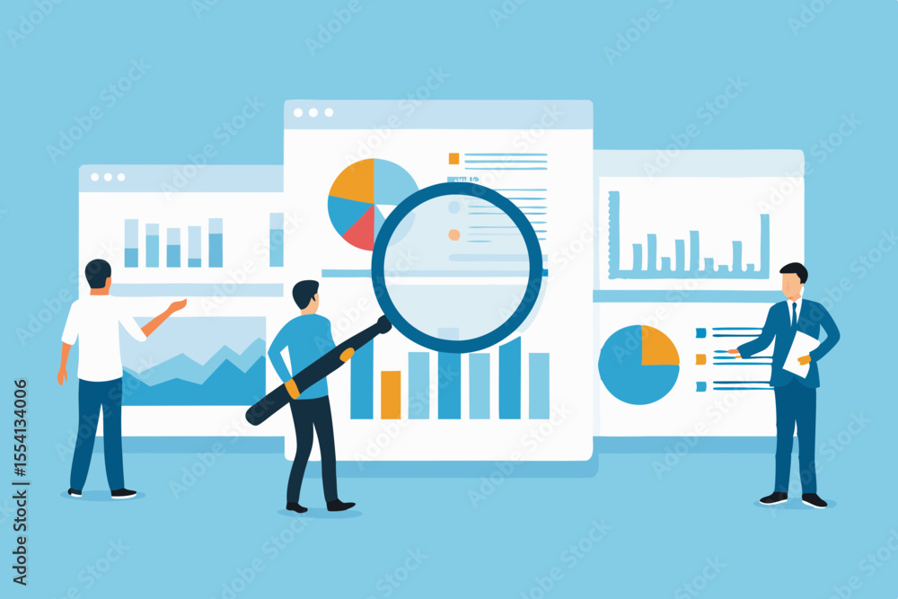 Poster business team analyzing data charts and graphs on computer screens