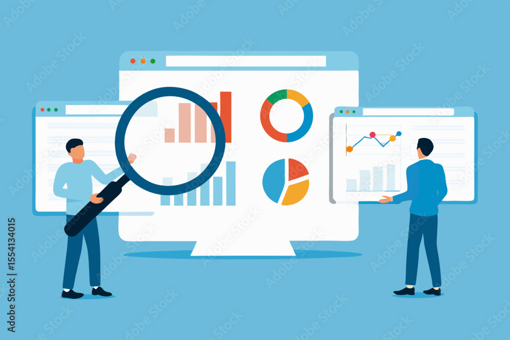 Poster businessmen analyzing data charts and graphs on computer screens
